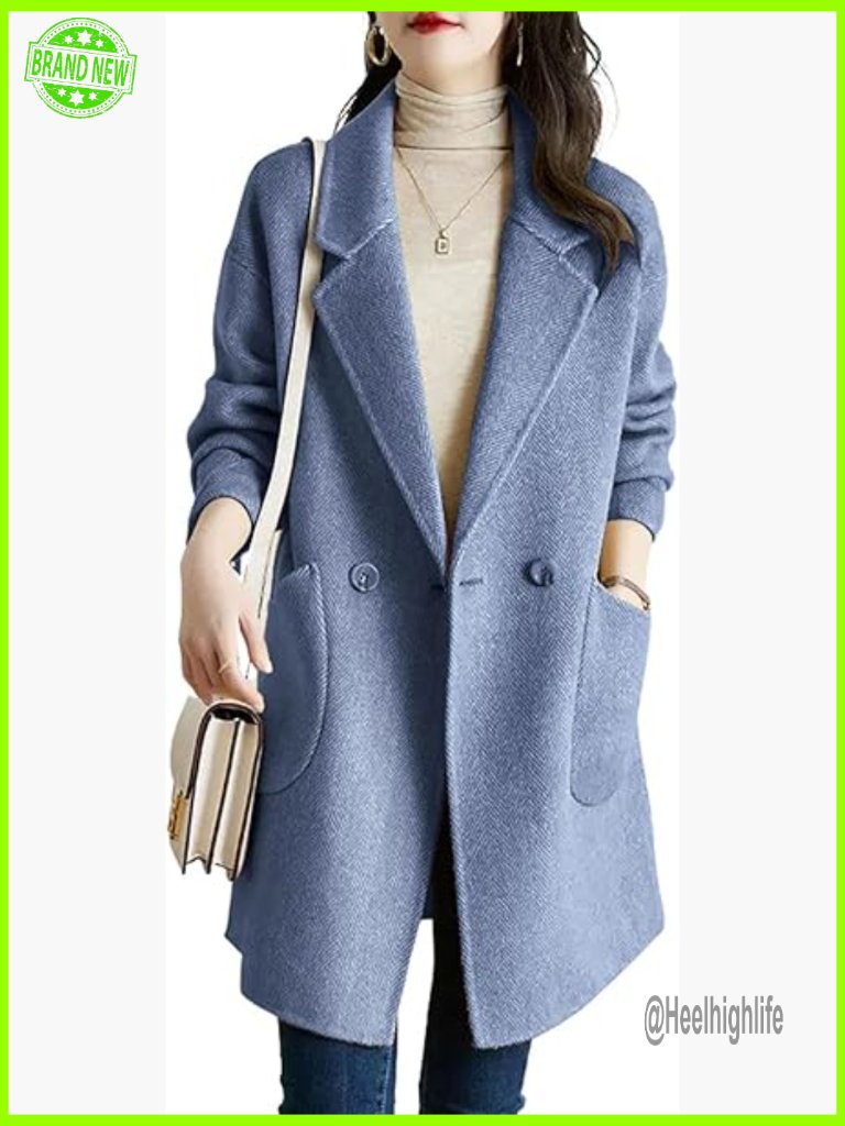 Notch Lapel Herringbone Wool Blend Pea Coat Double Breasted Winter